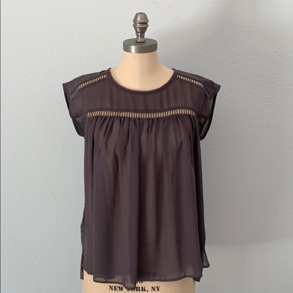 LOFT Women’s Chiffon Babydoll Blouse XS Charcoal Grey Cutout Pom-Pom Trim Top